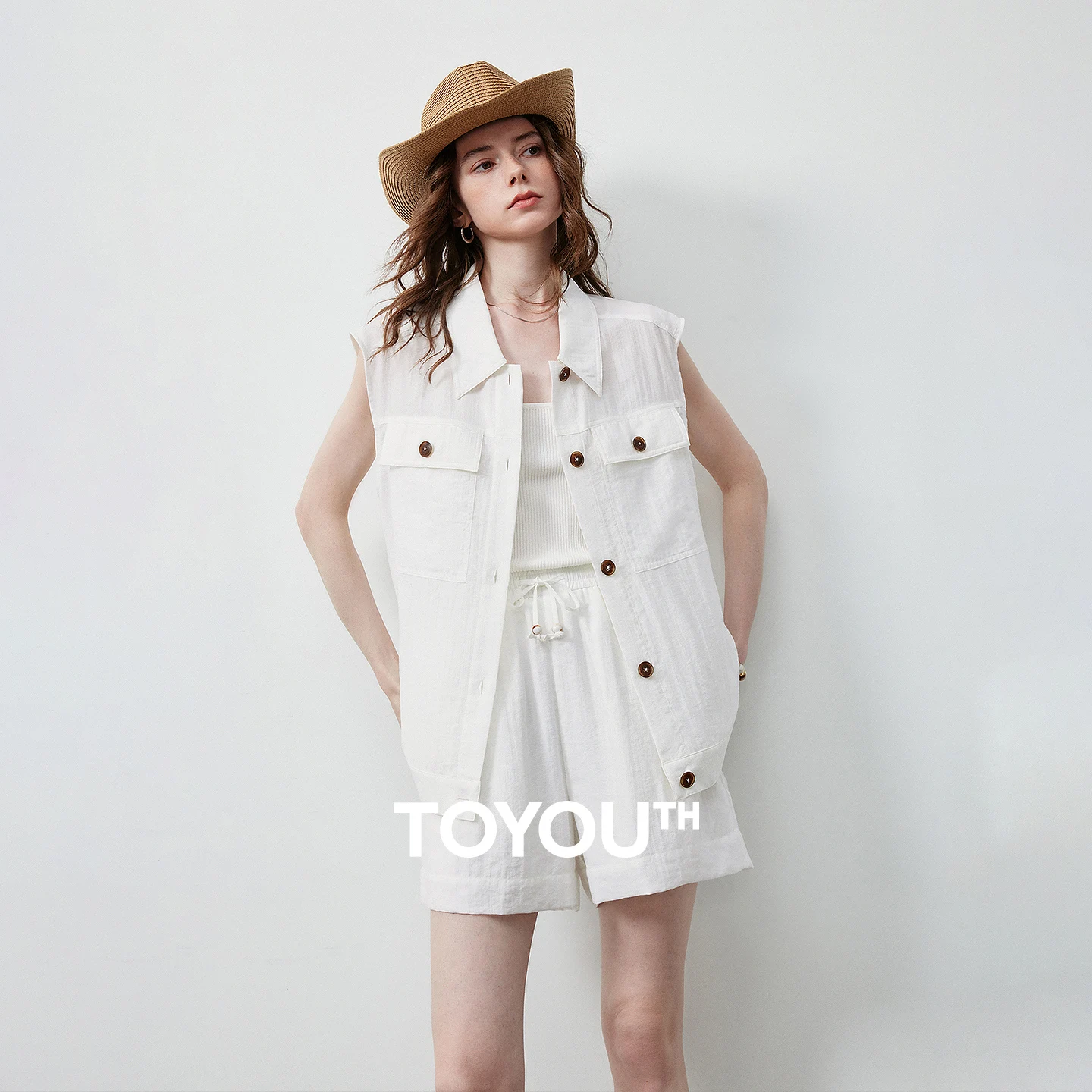 

TOYOUTH Women 2 Piece Set 2026 Summer New Lyocell Linen Blend Off White Old Money Sleeveless Cardigan Vest Shorts Outfits