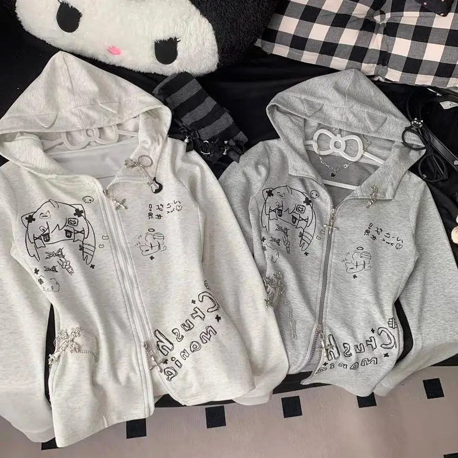 سويت شيرت بقلنسوة بأكمام طويلة للفتيات في الخريف والشتاء سترة صوفية بسحاب على الطراز الكوري العصري لتعديل الجسم