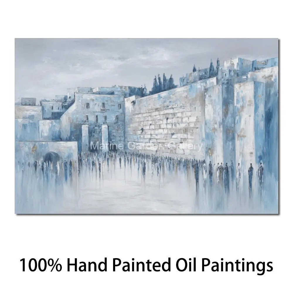 Large Abstract Jerusalem Oil Painting Blue Gold Kotel Hand Painted Textured Landscape Canvas Art Jewish Living Room Home Decor