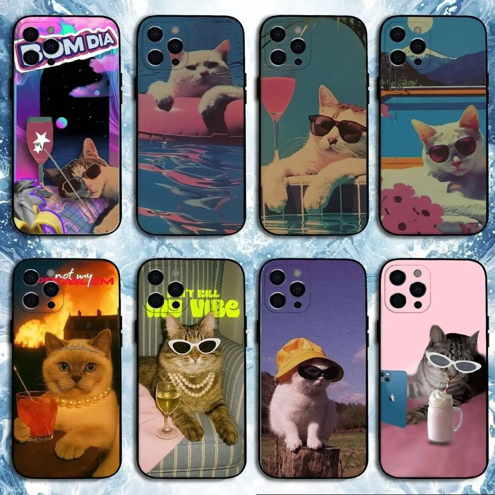 

Fashion Cool Cat Phone Case For iPhone 16,15,14,13,12,11 Plus,Pro Max, Soft Silicone Black Cover
