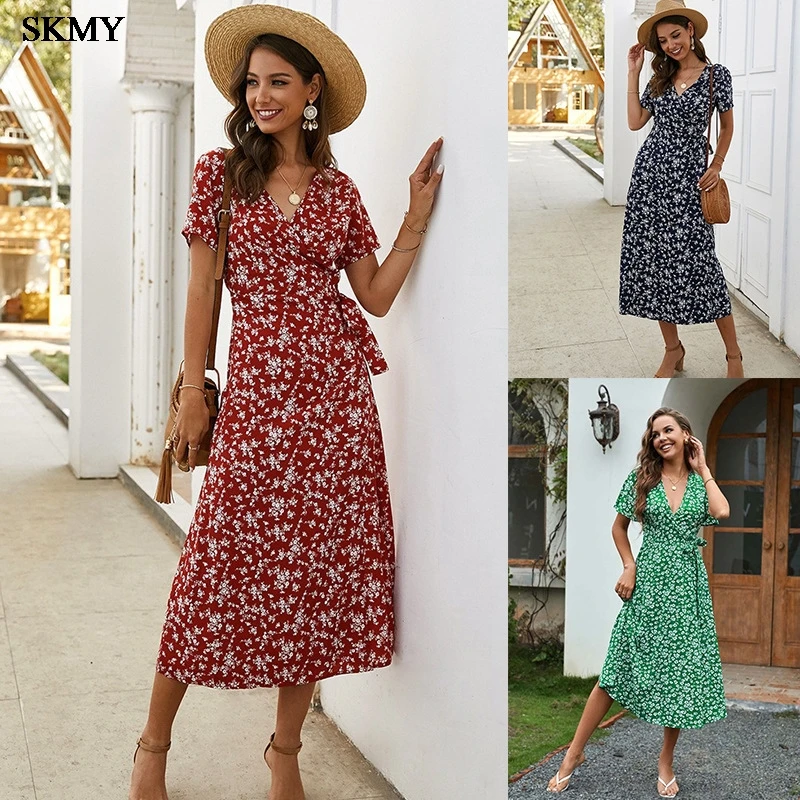 

SKMY 2024 Summer New Long Skirt with ruffle print V-neck Short sleeved Dress ��ݧѧ��� �ا֧ߧ�ܧ�� 2024 women dress