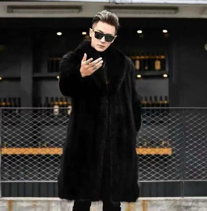 Men\'s Mid Length Coat Winter Fashion New Thickened Casual Loose Fit Black Lapel Faux Fur Coat Male