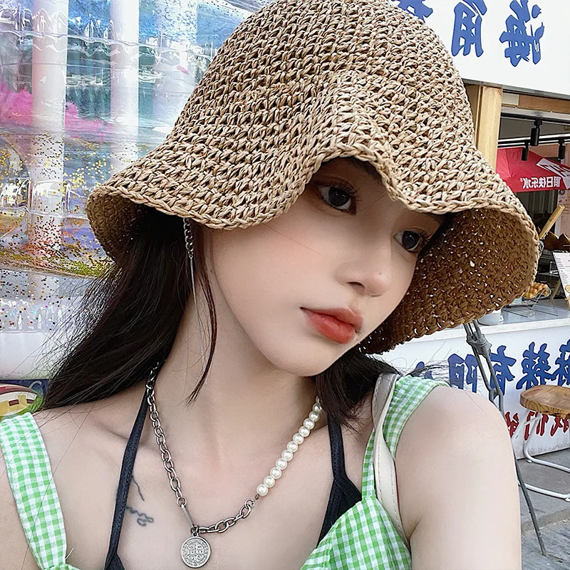 Korean Summer Crochet Women Straw Hat Foldable Hollow Breathable Bucket Hats Seaside Solid Color Sunshade Sunscreen Sun Hcap