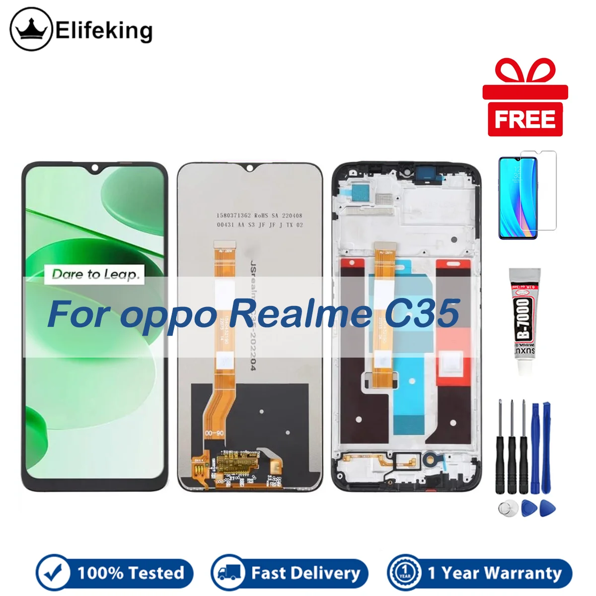 Oppo Realme-交換用LCDタッチスクリーンディスプレイ,無料強化ガラス,ドライバー,デジタイザーアセンブリ,rmx3511,c35