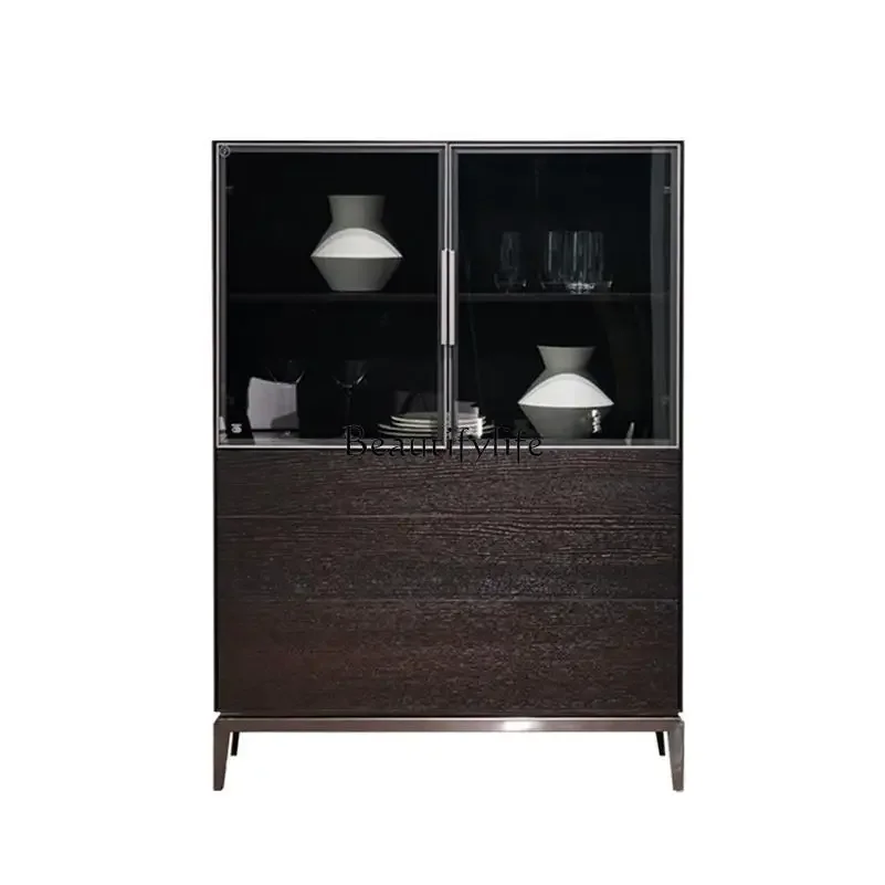 

Italian minimalist modern smoked wood color wine cabinet glass door storage decorative cabinet