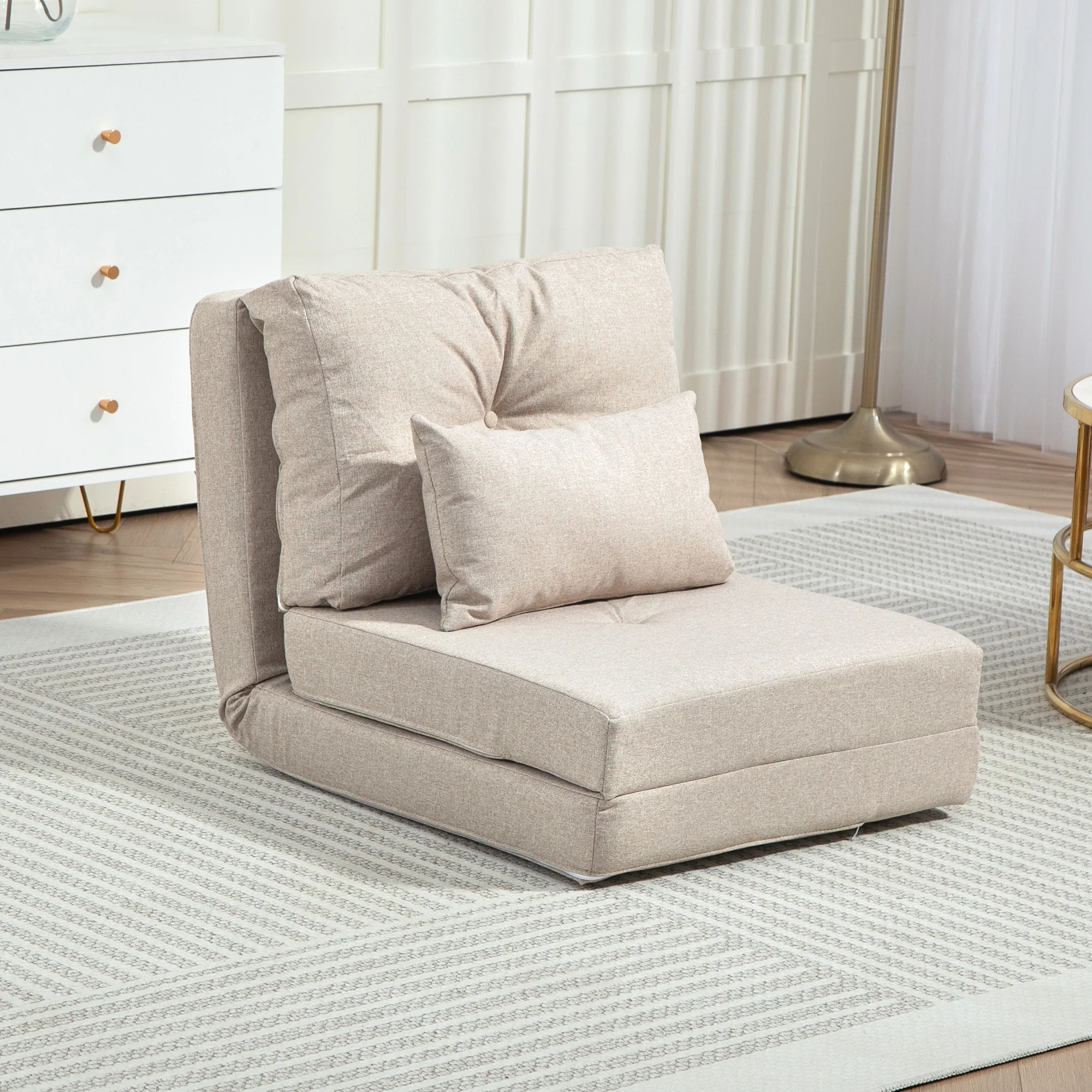 Sillón convertible 2 en 1 de color beige, con función de colchón plegable para dormir, cojín extraíble, sofá-tumbona para el suelo, mueble multifuncional plegable para dormir, ideal para dormitorios