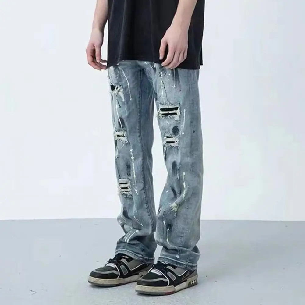 Summer Men Jeans Ripped Broken Holes Hip Hop Washed Ink Splash Washed Denim Pants Streetwear