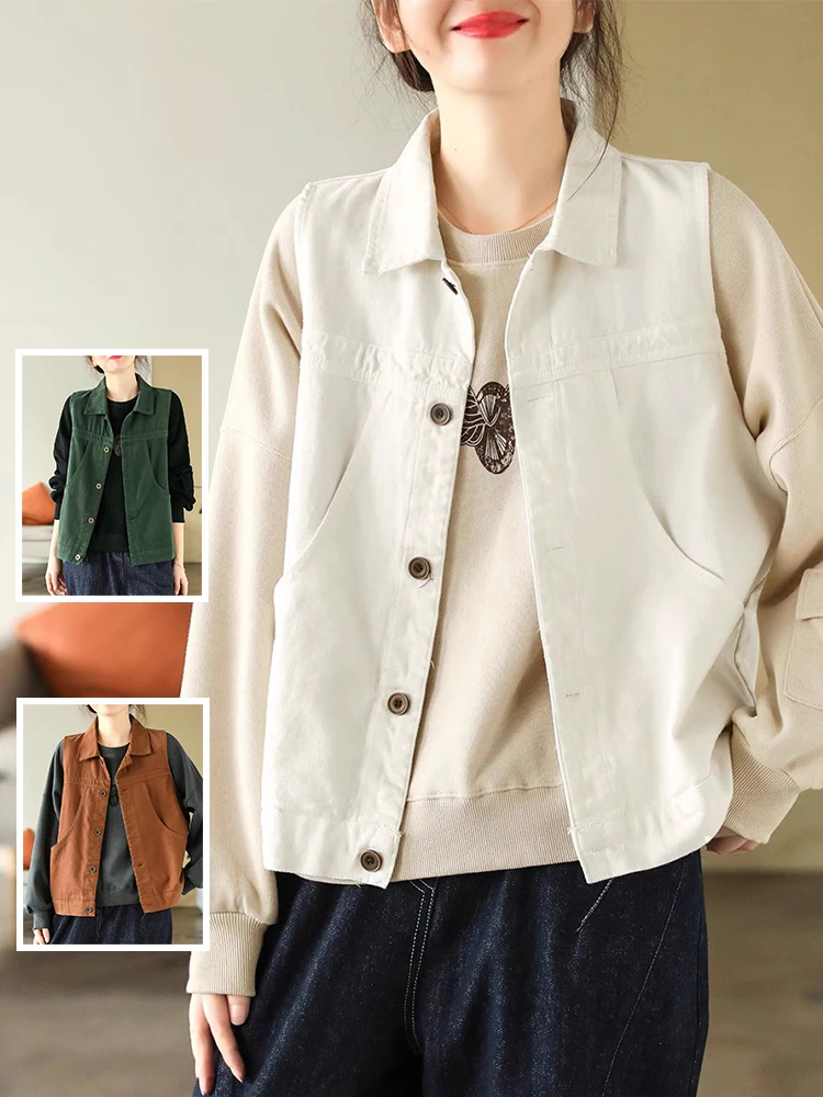 

Retro Waed Cotton Vest Pure Color Large ket Faionable Women's Outerwear Autumn Sle Casual Loose Fit No Sve