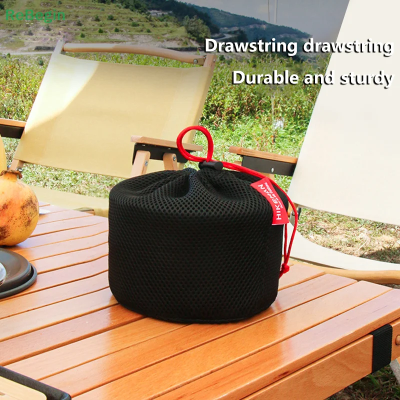 Outdoor Camping Pot Storage Bag Breathable Bundle Mouth Handbag Portable Picnic Cookware Bag Sandwich Mesh Drawstring Pocket