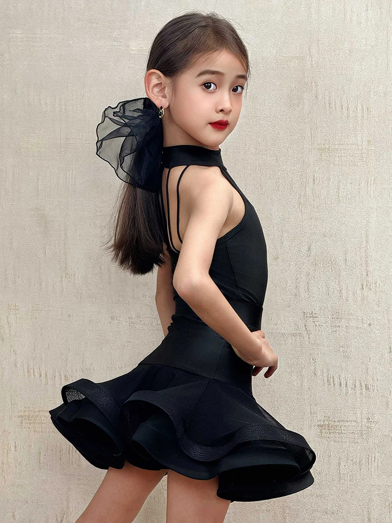 Robe d'entraînement de danse latine pour enfants, body en maille sans manches et jupe Double couche en arête de poisson, vêtements de danse pour salle de bal Samba