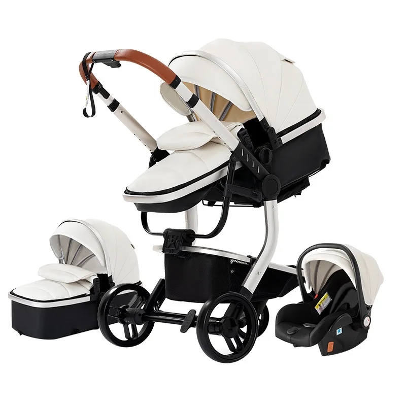 Poussette de Luxe 3 en 1 en Cuir PU pour Bébé, Roue en Caoutchouc Portable, Cadre en Aluminium, Paysage Haut, Nouveau-né