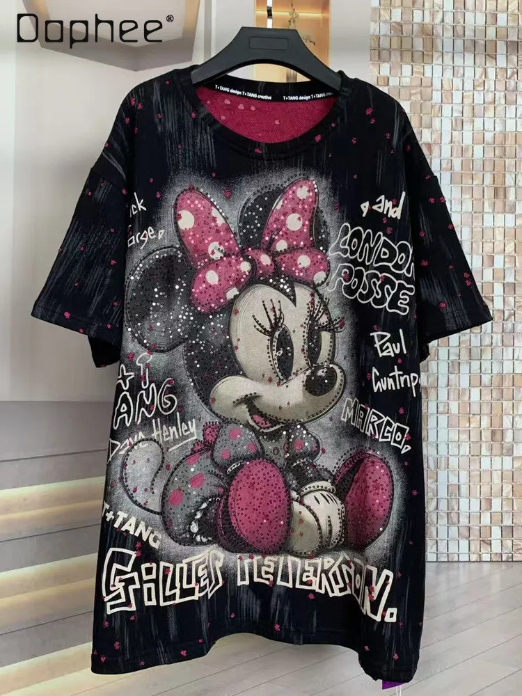 

Осенняя сверхмощная потертая свободная футболка с короткими рукавами и рисунком Минни для женщин, винтажная одежда 2025 года