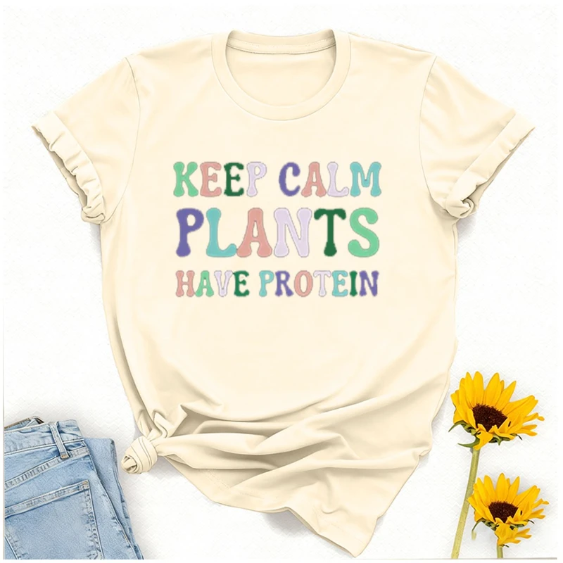حافظ على الهدوء نباتيًا يحتوي على قميص بروتين تي شيرت نباتي هدية خطابات تي شيرت مطبوع بلايز Crewneck قطن عالي الجودة #5
