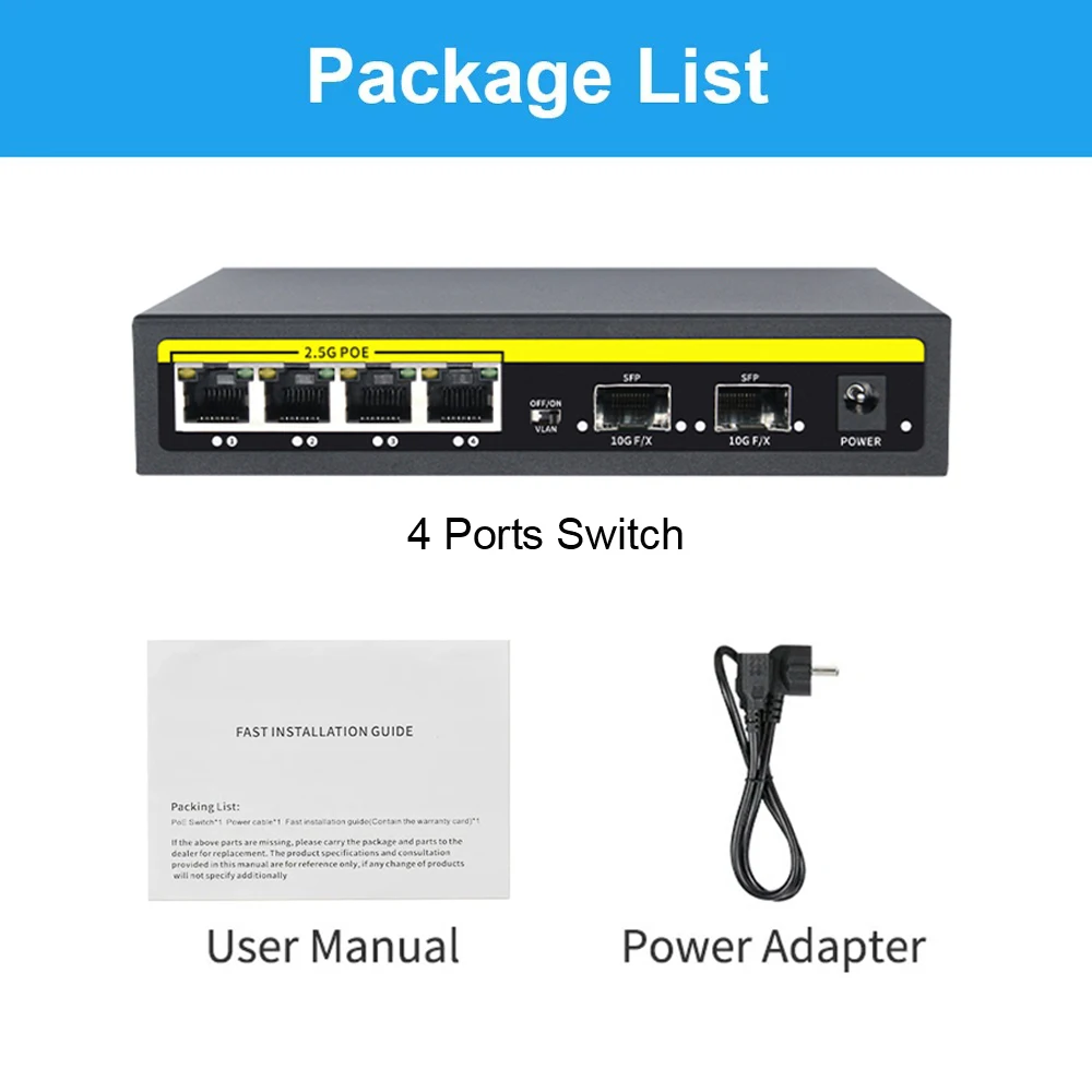 KuWFi 4 Port 2.5G Ethernet Switch Fast Switch High Power POE Network Switch with 2*10G SFP Port for IP Camera/CCTV Security