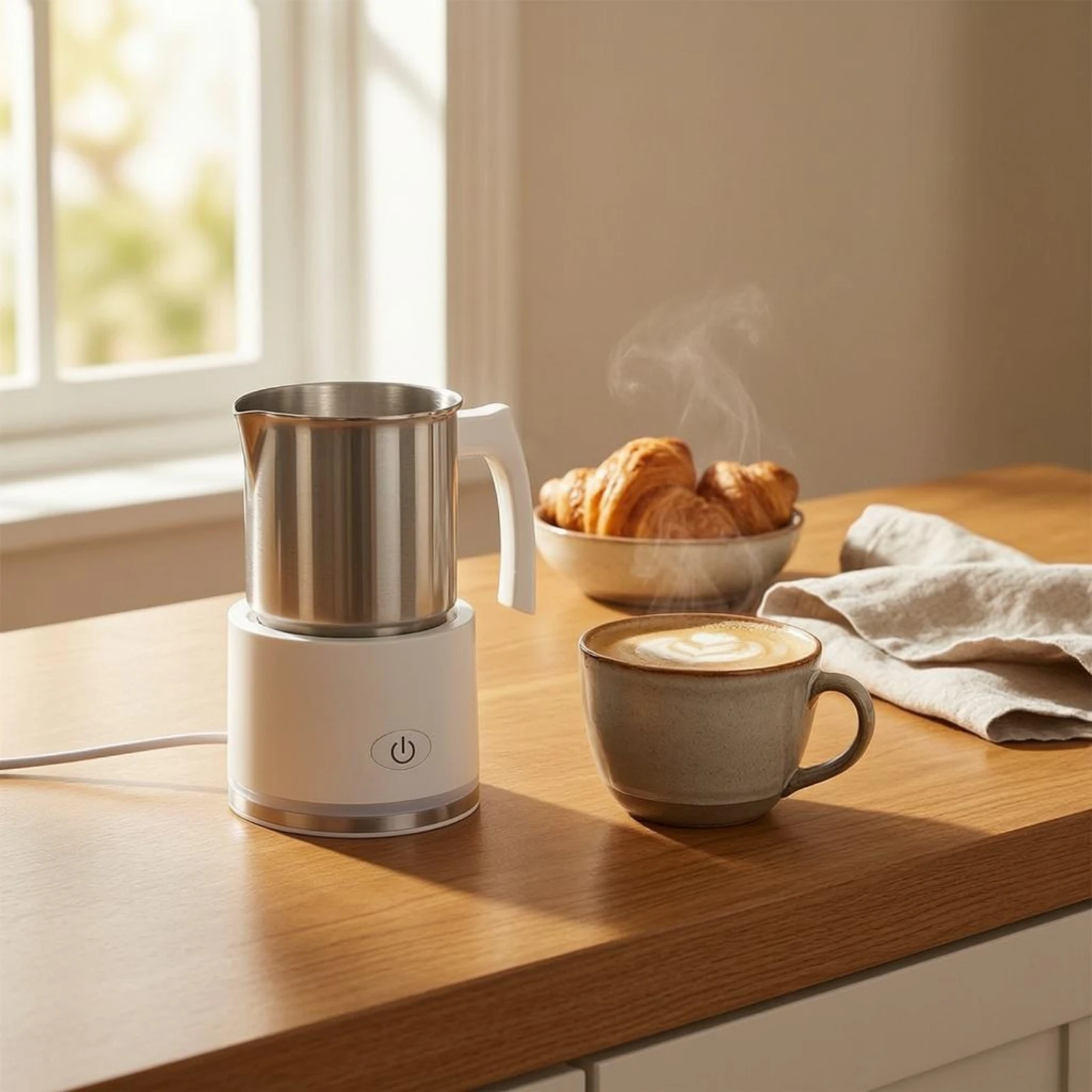 Electric Milk Frother Stainless Steel Automatic Milk Frother Kitchen Appliance Compact Power Button view 6