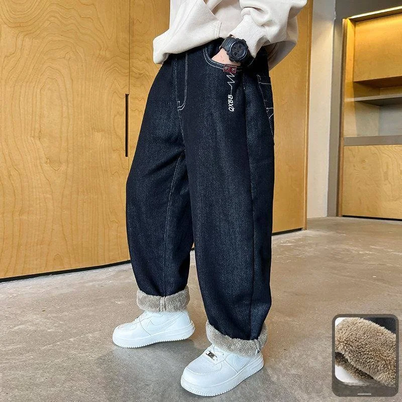 

Boys Thiened Winter Lamb Velvet Denim Pants Fce Lined Extra Thi Warm Trousers Straight Leg Casual Pants for Teens