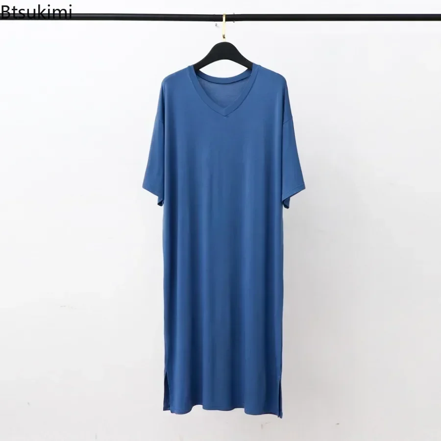 2025 Men's Modal Pajamas Home Clothes Short-sleeved V-neck Mid-length One-piece Nightgown Summer Men's Solid Loose Thin Bathrobe