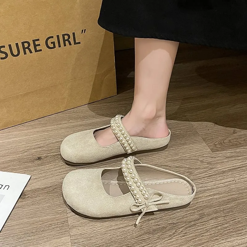 

Summer Mary Janes Women Slippers Fashion Wear It Outside Flat Mules Butterfly-knot String Bead Ladies Shoes New Casual Slipper