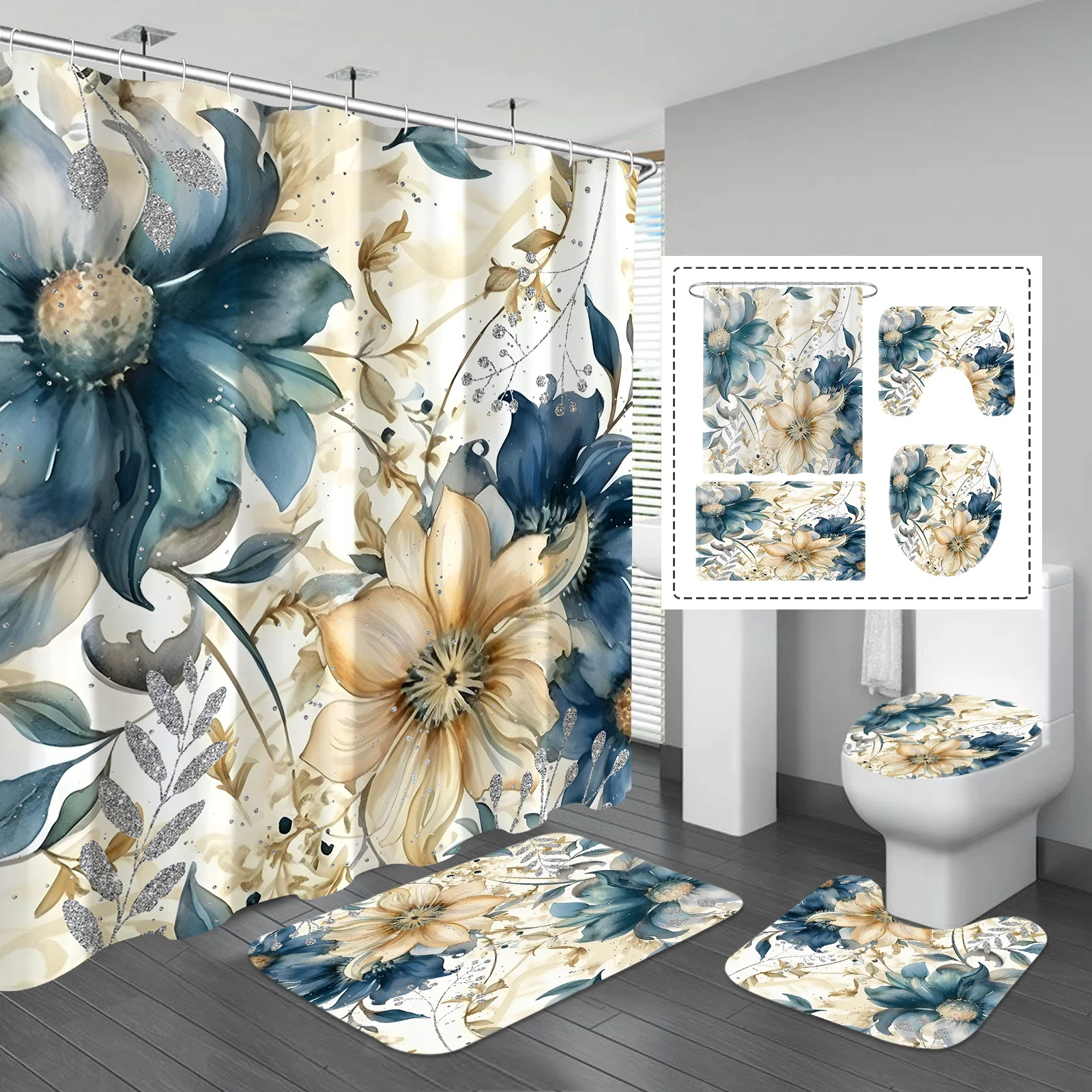 

Набор для ванной комнаты с цветочным принтом из 4 предметов, полиэфирная ткань, нескользящий коврик, U-образный чехол на сиденье унитаза, можно стирать в машине.