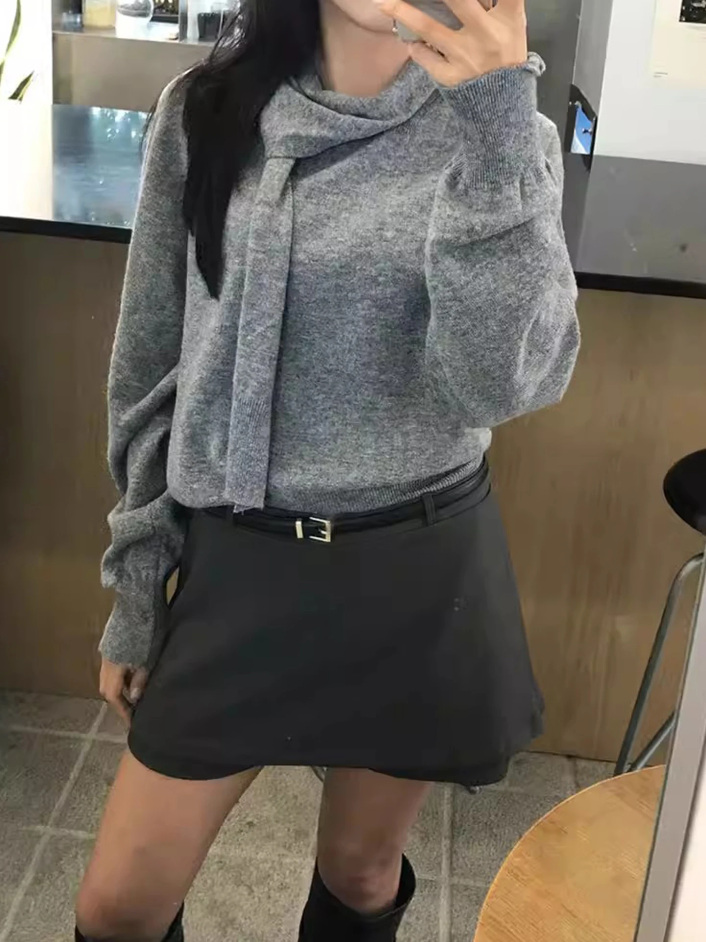 Chic Long Sve Knitted Scarf Ne Hanging Design Pure Color Versatile White Enhancing Women's Top Korean Sle Loose Fit