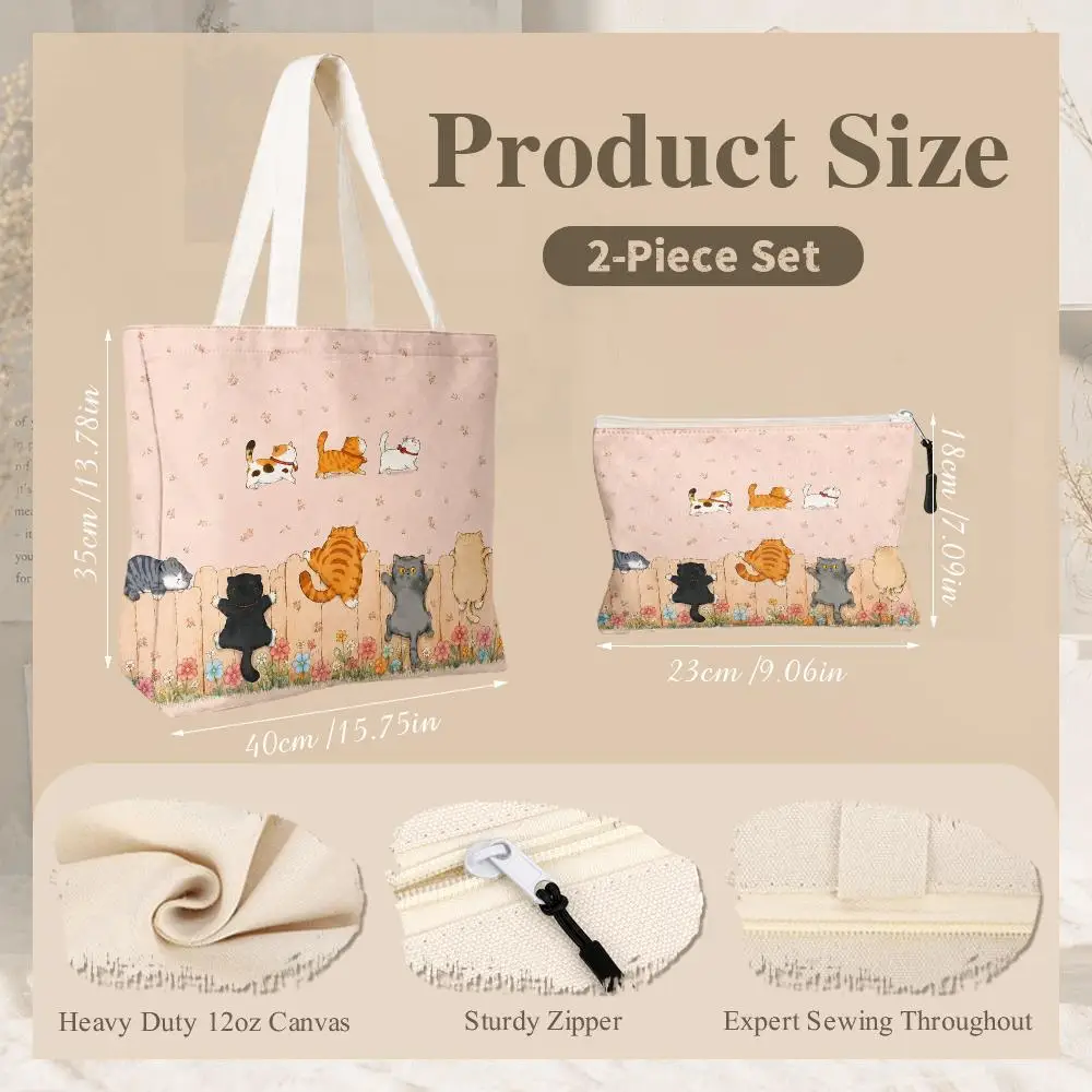 Cat-Themed Makeup Storage Bags 2-Piece Women's Canvas Zipper Large Capacity Reusable Daily Commute Shopping&Gift