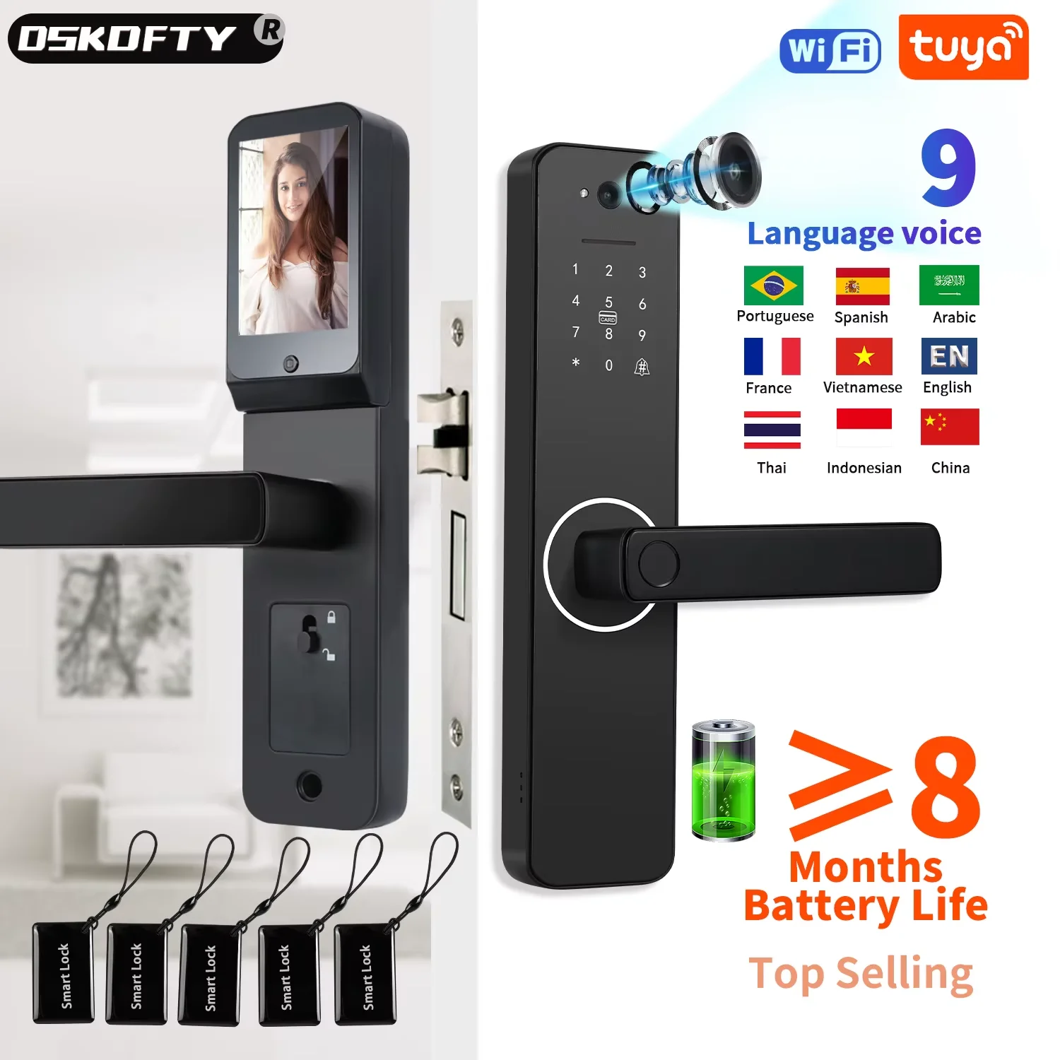 Tuya Wifi Smart Door Lock Security Camera Fingerprint Code Face Recognition RFID Card Key App Remote Control  Unlock