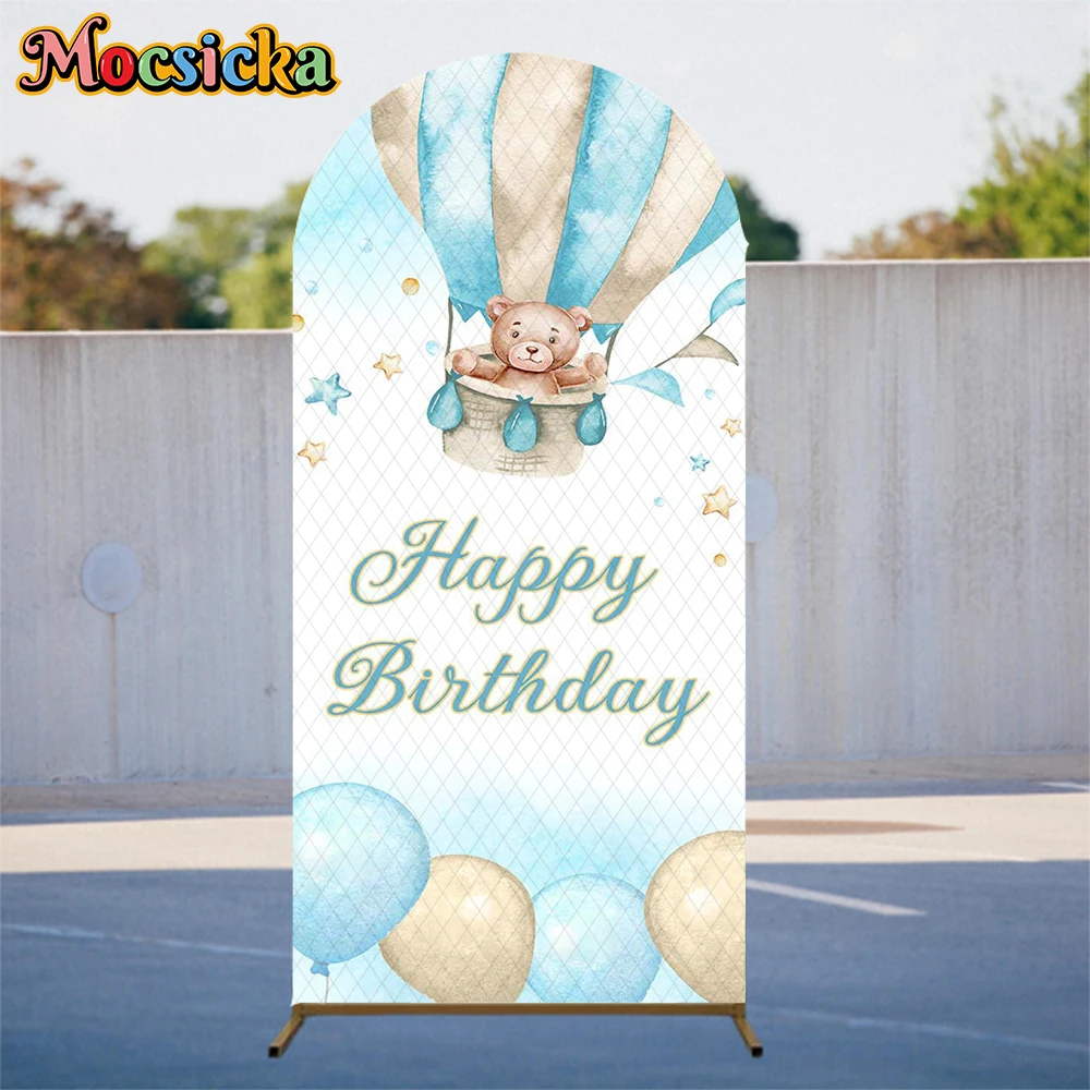 Mocsicka feliz aniversário arco cobre pano de fundo menina foto arqueado fundo urso azul balões de ar quente decorações de festa photocall