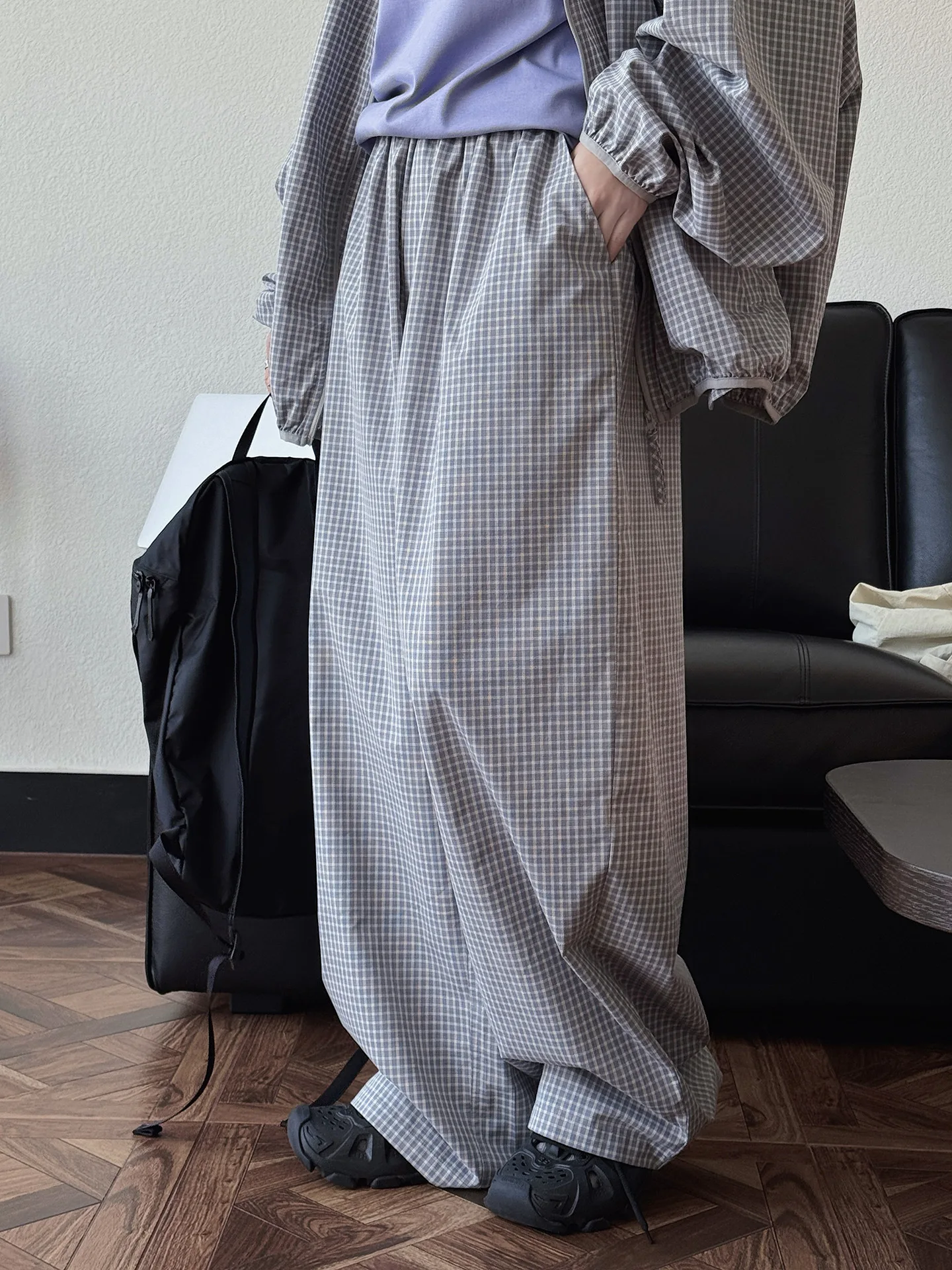Spring and summer women's casual checkered high waisted loose wide leg pants