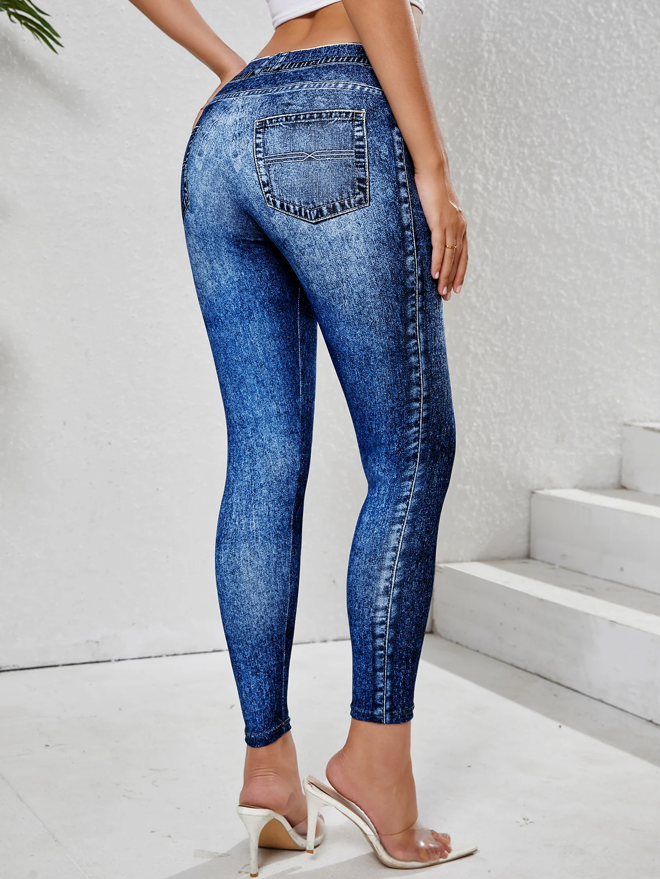 Leggings jeans de imitação feminina com bolsos, alta elasticidade, confortável, controle de barriga, fitness, academia, yoga, uso diário