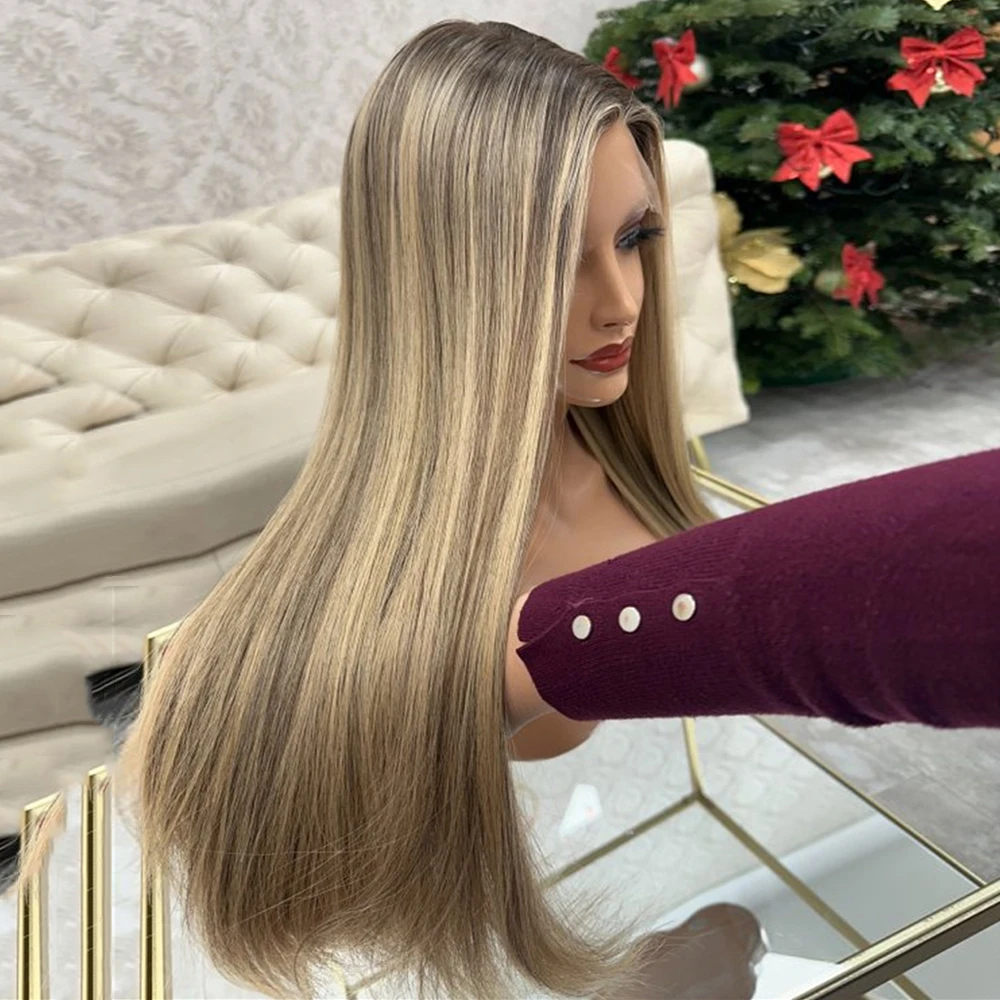 تسليط الضوء على شقراء الدانتيل شعر مستعار أمامي طويل مستقيم الاصطناعية الدانتيل الباروكات المخلوطة الشعر البشري ألياف مقاومة للحرارة الرماد شقراء الدانتيل الباروكات