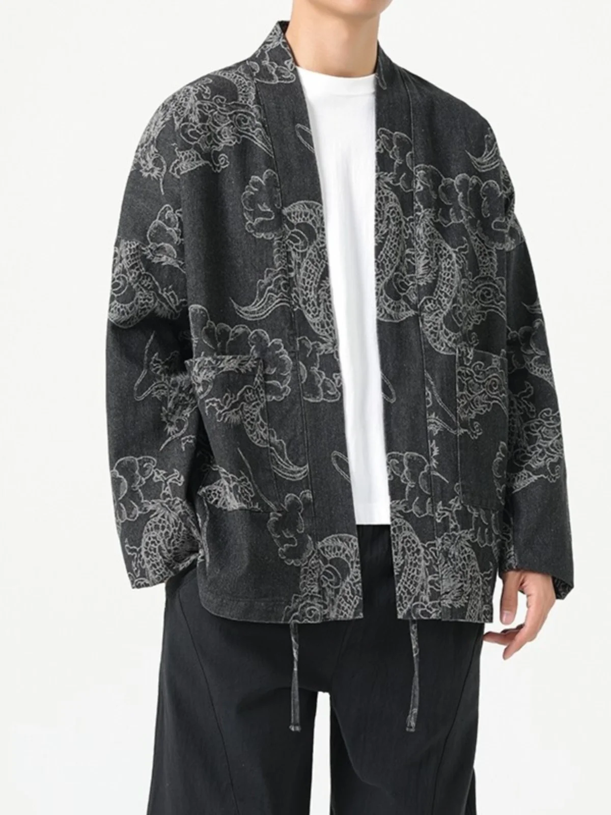 

Waed Bla Denim Open Cardigan Men's Loose Printed Hanfu Outerwear Dragon Suit Traditional Chinese Sle Autumn Jaet