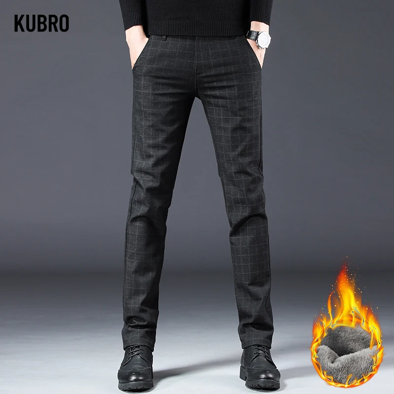 

KUBRO Autumn Winter England Plaid Work Stretch Pants Men's Business Fashion Slim Thick Fleece Casual Pant Male Brand Trousers