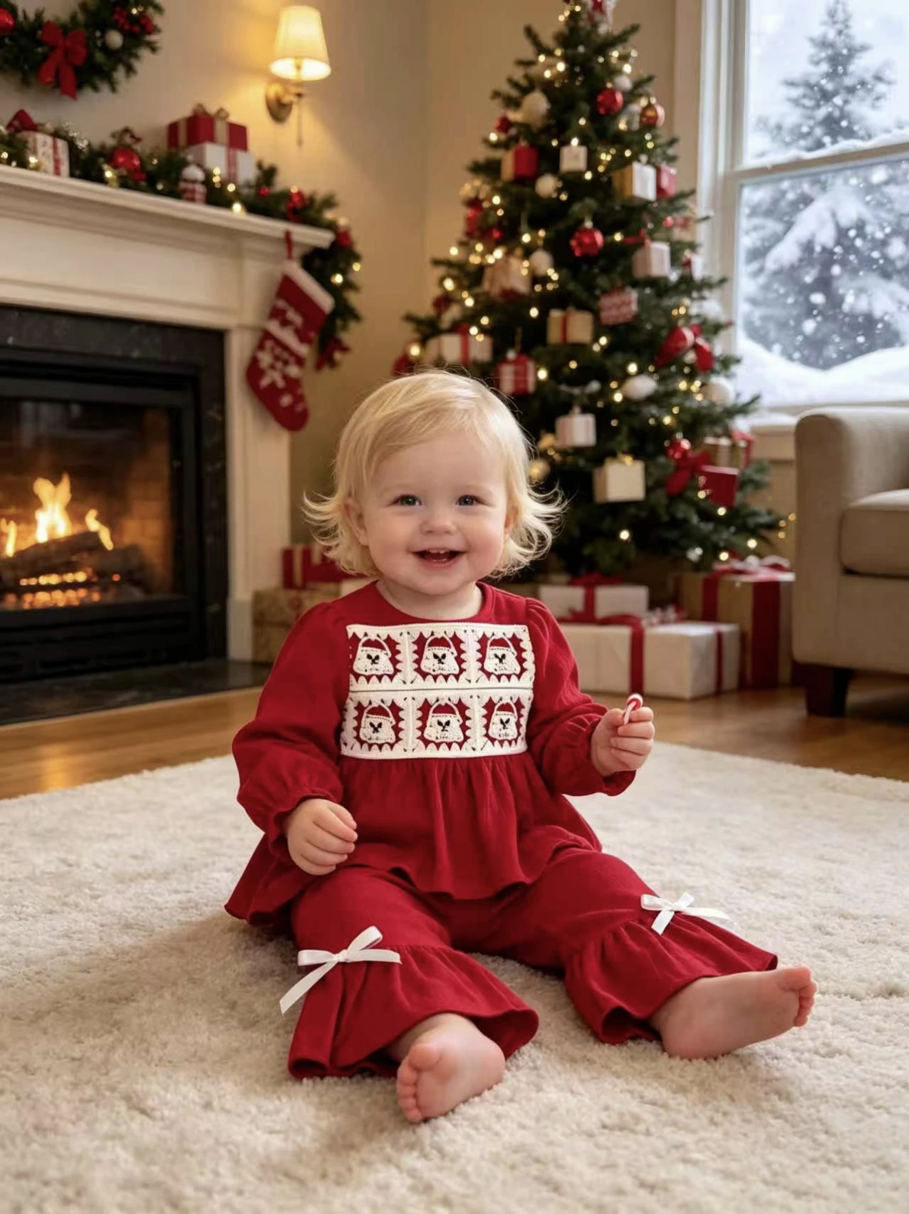 Cute Baby Girl Xmas Gingerbread Apparel Long Sleeve Ruffle Blouse Bow Flare Pants 2 Piece Set Winter Festival Home Wear Outfits