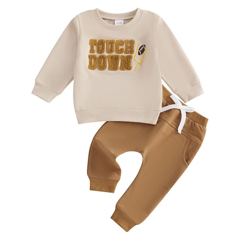 

Toddler Fall Sets Letter Football Embroidered Long Sleeve Round Neck Sweatshirt Pocket Long Pants Outfits