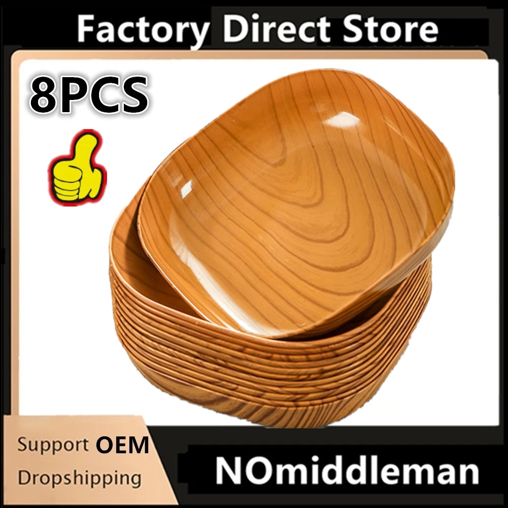 Plato de hueso de grano de madera de imitación Simple multifuncional, plato de plástico de estilo japonés, frutero de calidad alimentaria para el hogar, 8 Uds.