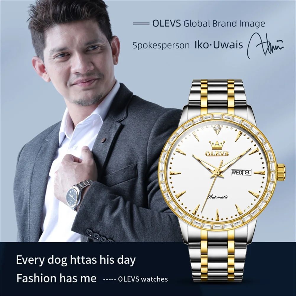 OLEVS Men's Watches Top Brand Business Wristwatch Inlaid Zircon Dial Dual Calendar Display Man Watch Waterproof Luminous