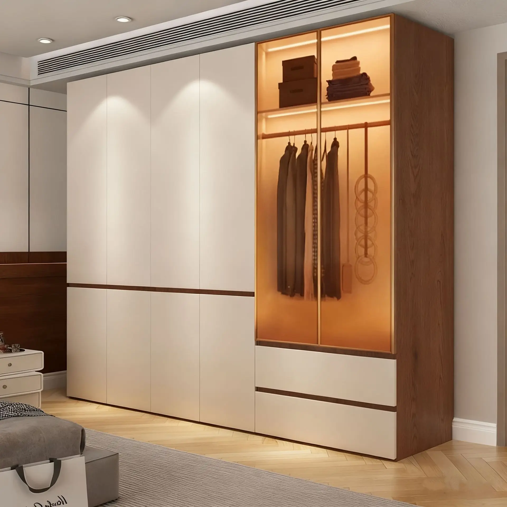Minimalist glass door segmented wardrobe design environmentally friendly solid wood Osong board