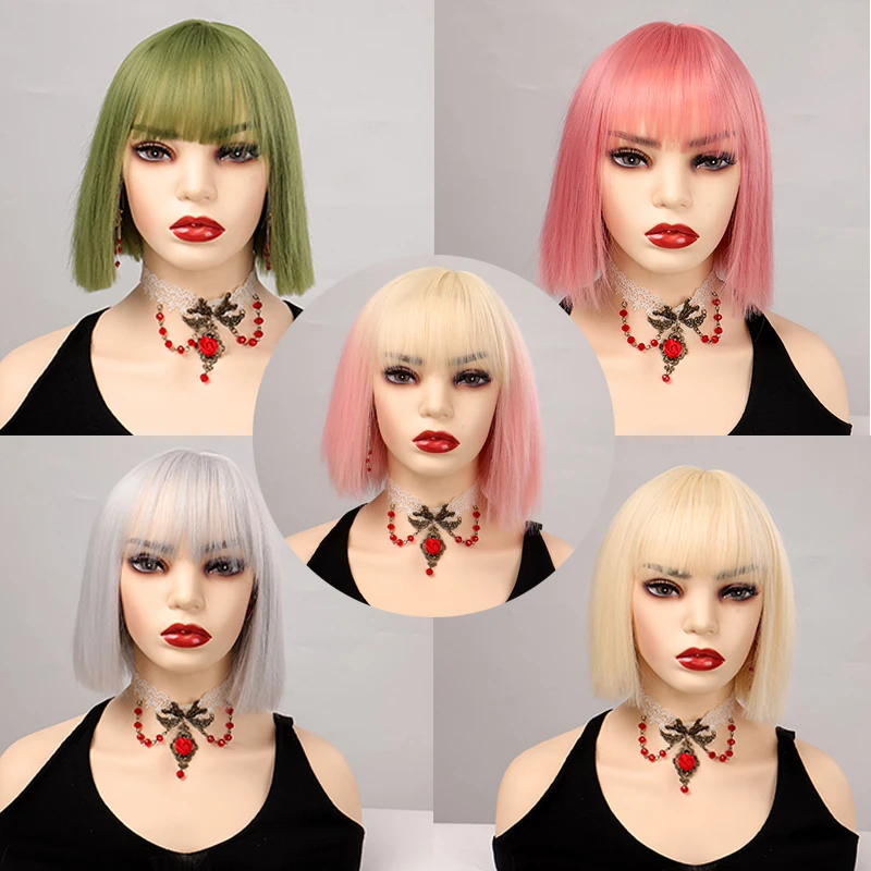 TALANG Synthetic Short Bob Straight Wigs With Bangs for Women Black Pink Wig for Party Daily Use Shoulder Length Cosplay Lolita