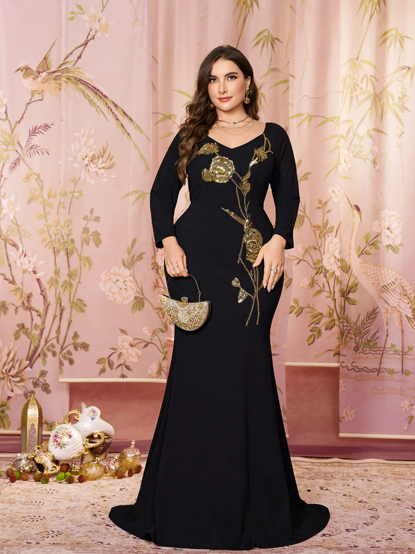 SUPGIR Plus Donna Scollo a V Manica lunga Ricamo con paillettes Vestibilità aderente Orlo a sirena Maglia Tela Temperamento Sera D