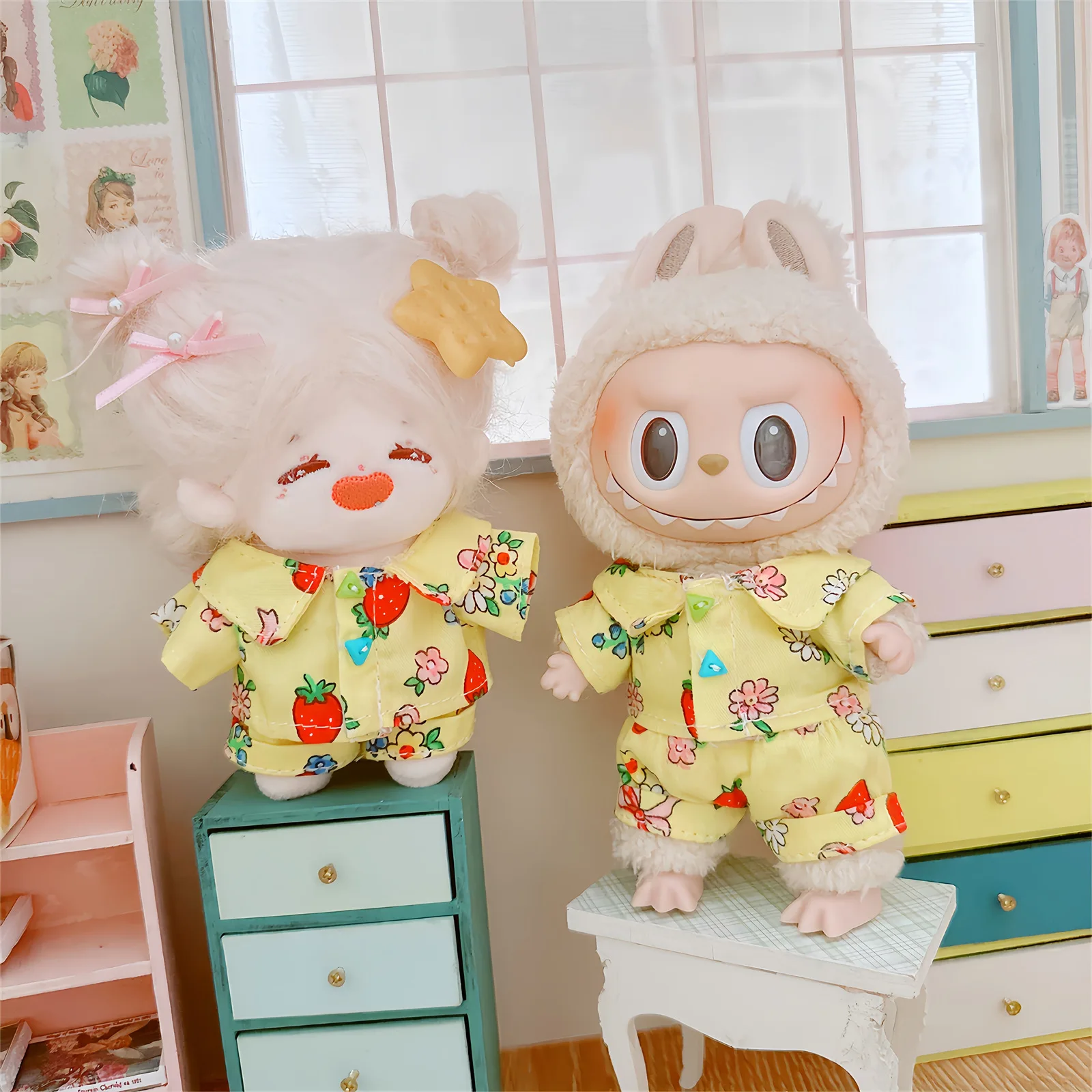 Kawaii Idol Doll Clothes, Yellow Strawberry Flower Pajamas, Cute Plush Doll Clothes, Accessories for Girls,Gifts, 10cm, 2Pcs Set