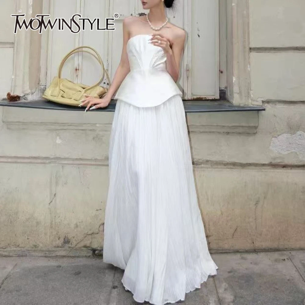 

TWOTWINSTYLE однотонные минималистичные комплекты из двух предметов для женщин, туника без бретелек без рукавов, жилет с высокой талией, складной комплект с юбкой, женский комплект