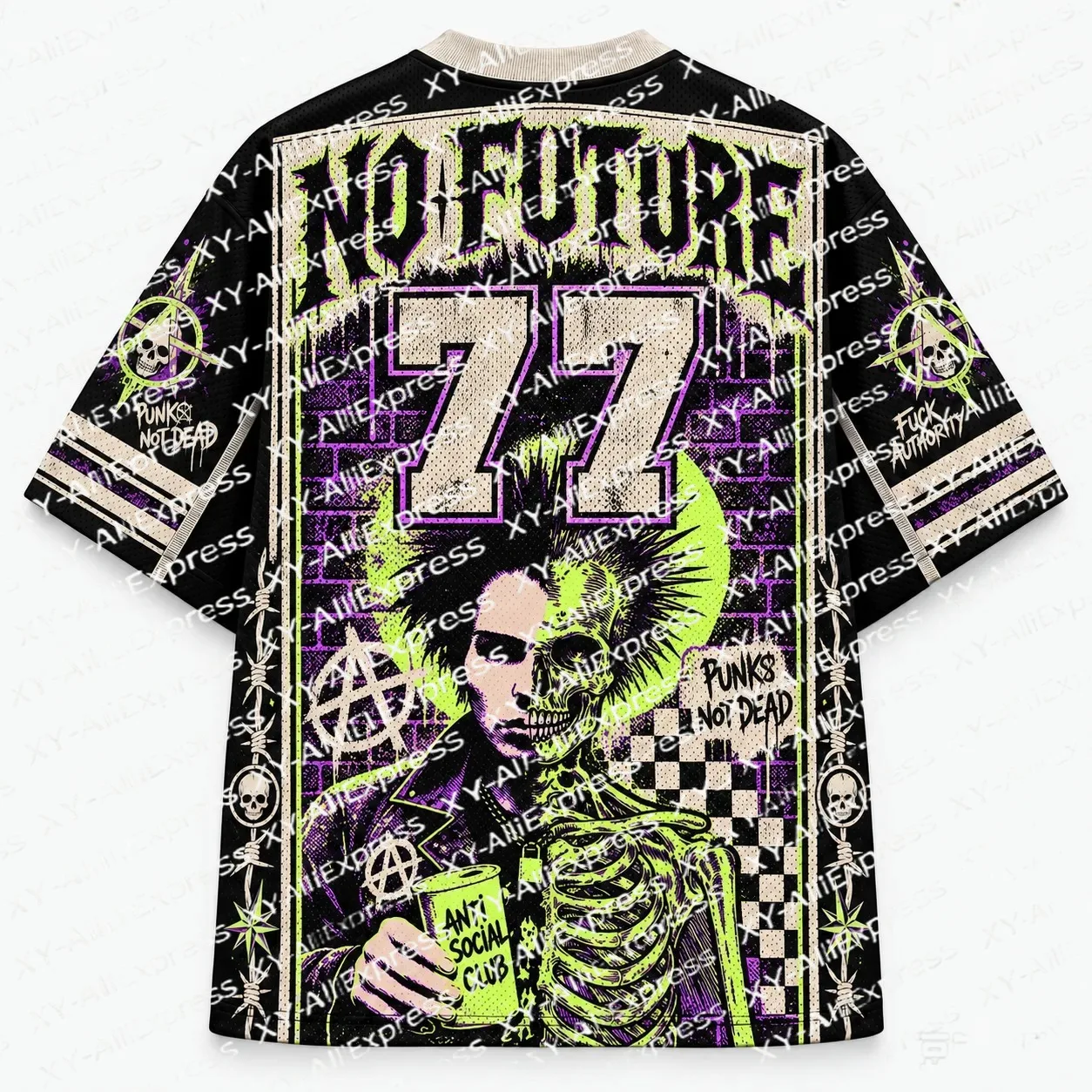Vintage Dark Punk Rock Tee Retro Skeleton Portrait Checkerboard Number 77 Print Breathable Fast Dry Weekend Casual Outings