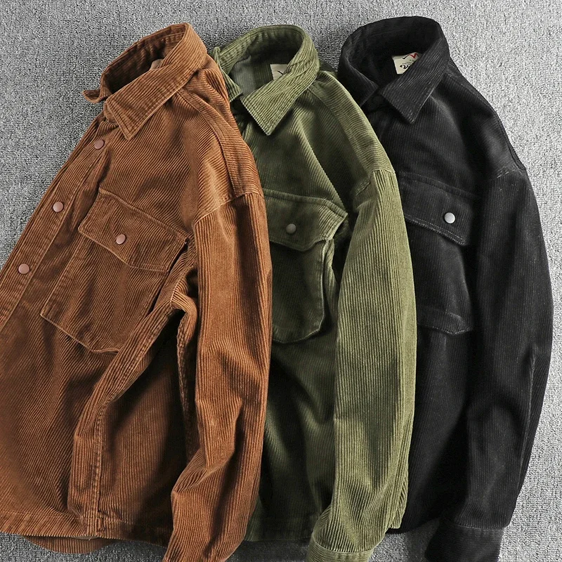 2024 New Woven Corduroy Men's Jacket Autumn-winter Pocket Heavy Weight Shirt Coat Retro Casual Loose Cargo Jacket