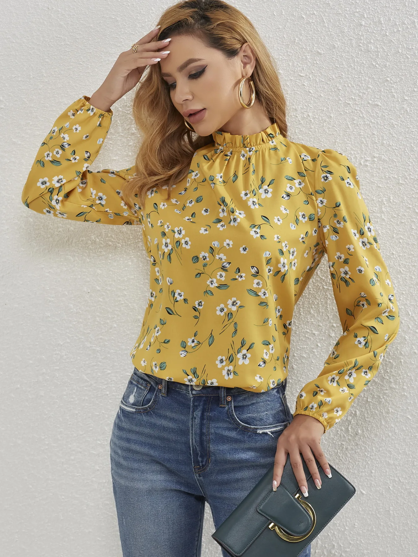 Women All Over Floral Print Frill Mock Neck Bishop Sleeve Blouse Ladies Long Sleeve Tops Shirts