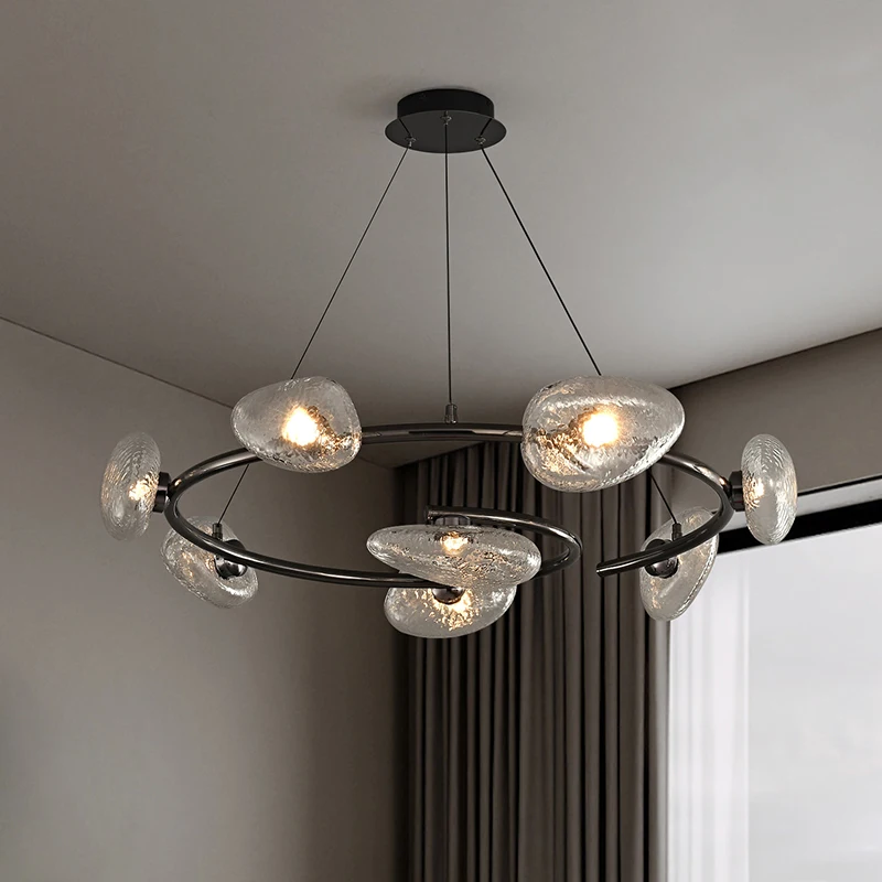 Modern Glass Lustre Led Pendant Lamp for Living Room Nordic Dining Room Chandelier Black Gold Circular Dimmable Hanging Lights