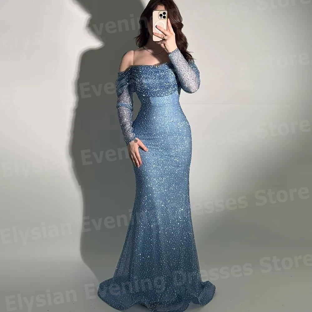 Robe De Soirée sirène scintillante pour femmes, épaules dénudées, personnalisée, robes De bal, manches longues, perles