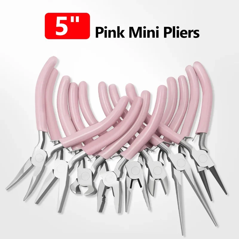 Portable Pink Color Stainless Steel Pliers Tools Set Round Nose Cutting Wire Plier Kit For Handcraft Beading DIY Jewelry Making