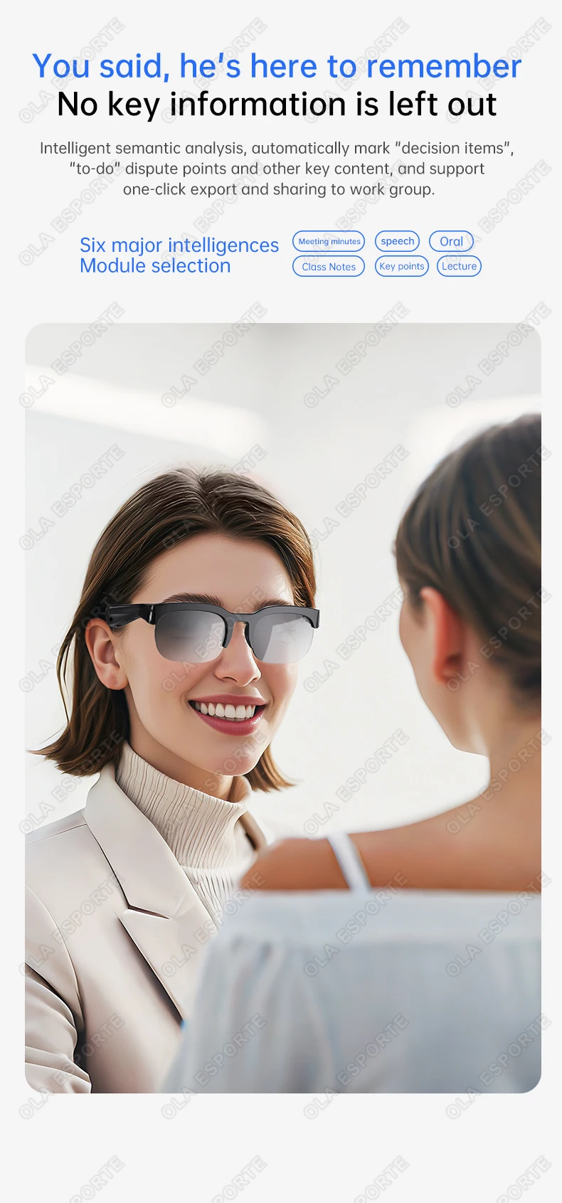 Sonnenbrille mit KI-Übersetzung, TF-Karte, Bluetooth, Gesprächsaufzeichnung, Musikwiedergabe, Smarte Sonnenbrille für Männer und Frauen HT30 – Detail 7