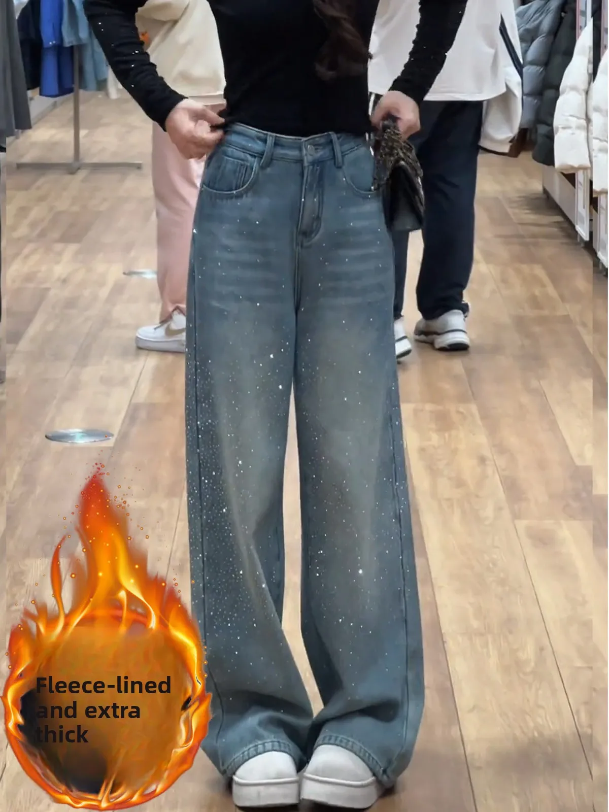 

Синие джинсы с широкими штанинами и подкладкой из флиса, женские джинсы с высокой талией, блестящие свободные брюки прямого кроя, модные женские брюки весеннего сезона