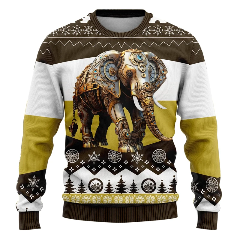 Fashion Steampunk Animal Graphic Sweatshirts Clock Gears Dog Bunny Bear Ugly Christmas Sweater Boy Y2k Streetwear Kids Pullovers